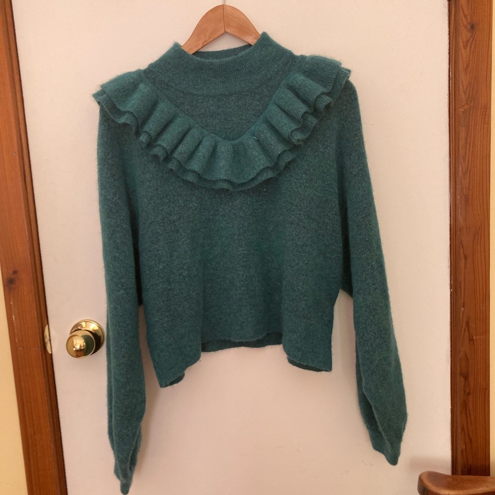 Free People teal sweater with ruffle, M